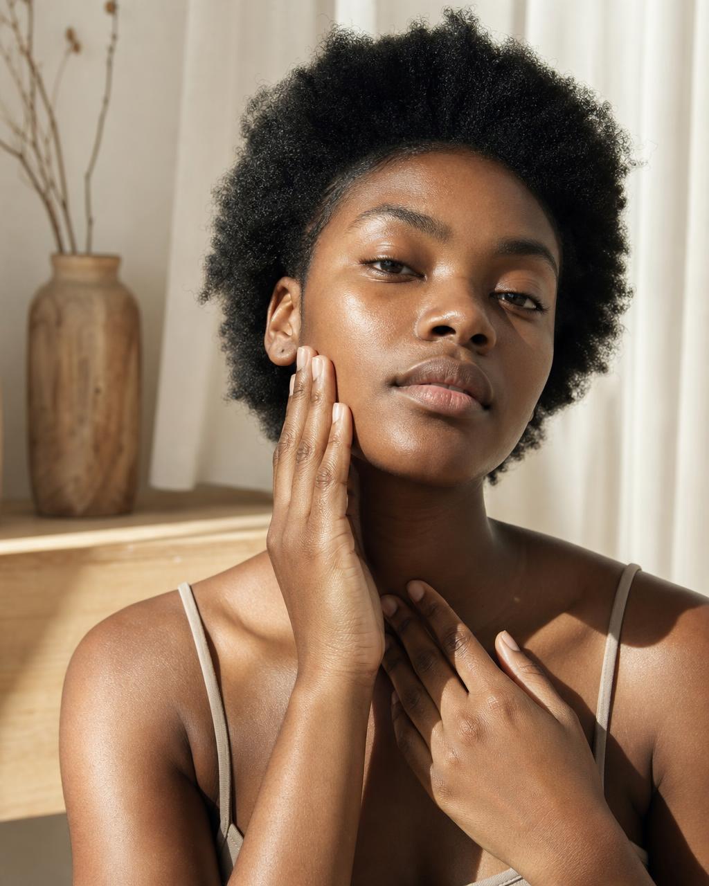 Jeune femme noire aux cheveux naturels massant doucement sa peau dans un intérieur beige baigné de lumière naturelle
