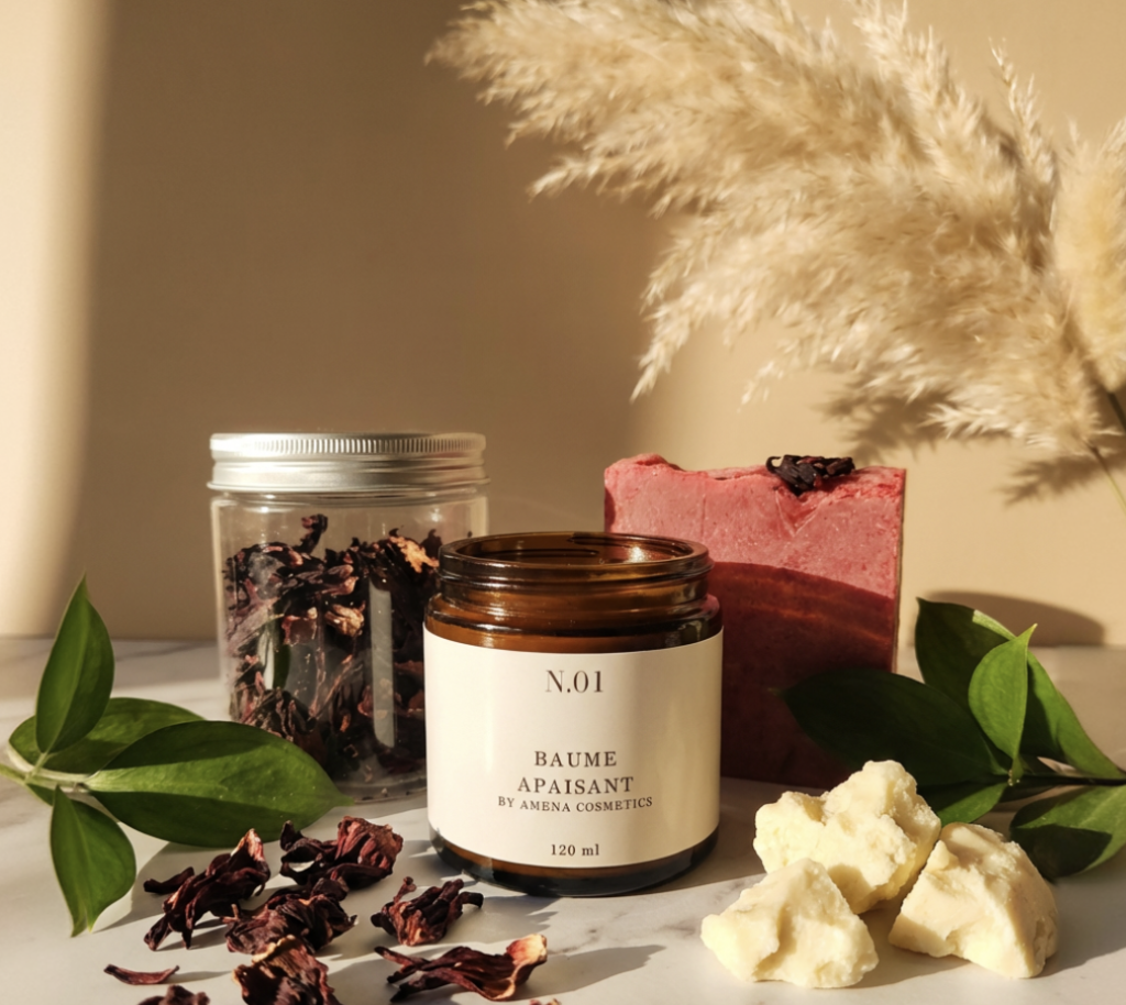 baume beurre de karité, colza, carapace procura pour peau atopique, infusion fleur d hibiscus, savon doux karaté hibiscus cosmétique in et out